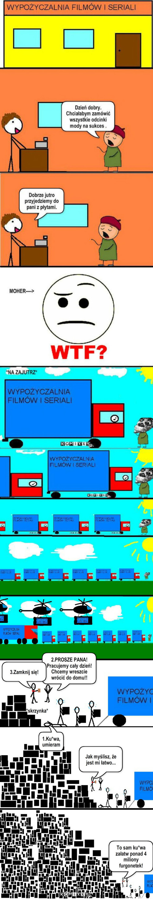 Wypożyczanie ciąg dalszy! : ) – 1.Ku*wa, umieram 2.PROSZE PANA! Pracujemy cały dzień! Chcemy wreszcie wrócić do domu!! 3.Zamknij się! Jak myślisz, że jest mi łatwo... *skrzynka* To sam ku*wa załatw ponad 4 miliony furgonetek! 