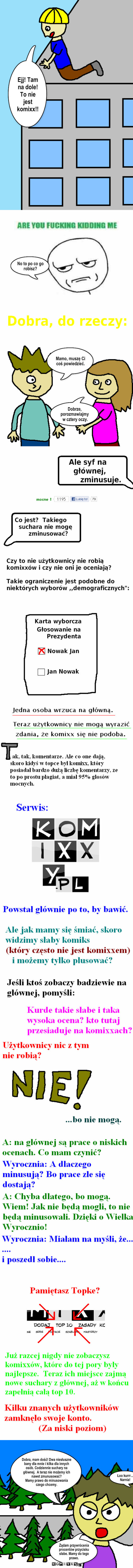 Nowy protest. – Ejj! Tam na dole! To nie jest komixx!! No to po co go robisz? Mamo, muszę Ci coś powiedzieć. Dobrze, porozmawiajmy
 w cztery oczy. Dobra, mam dość! Dwa niesłuszne bany dla mnie i kilka dla innych osób. Codziennie suchary na głównej.  A teraz nie możemy ich nawet zmunusować? 
Mamy prawo do minusowania czego chcemy. Żądam przywrócenia procentów przycisku słabe. Mamy do tego prawo. Łoo kurrr...
Narnia! 