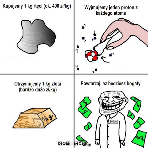 Sekret – Kupujemy 1 kg rtęci (ok. 400 zł/kg) Wyjmujemy jeden proton z 
każdego atomu Otrzymujemy 1 kg złota 
(bardzo dużo zł/kg) Powtarzaj, aż będziesz bogaty 