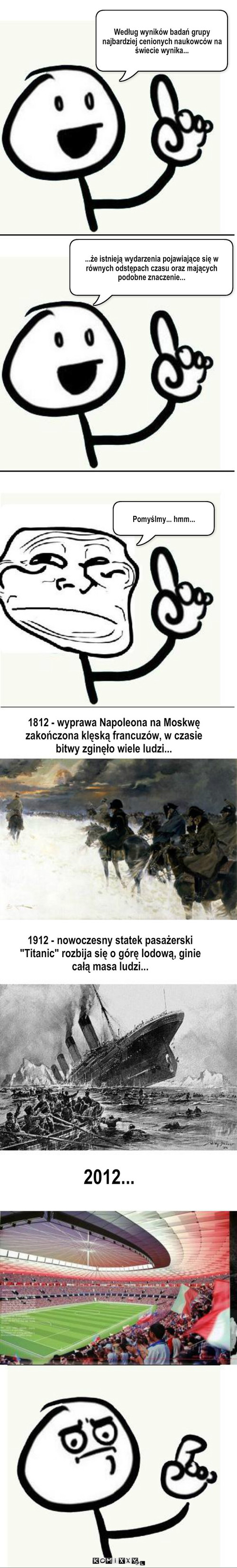 Historia lubi się powtarzać... – Według wyników badań grupy najbardziej cenionych naukowców na świecie wynika... ...że istnieją wydarzenia pojawiające się w równych odstępach czasu oraz mających podobne znaczenie... Pomyślmy... hmm... 2012... 1912 - nowoczesny statek pasażerski 