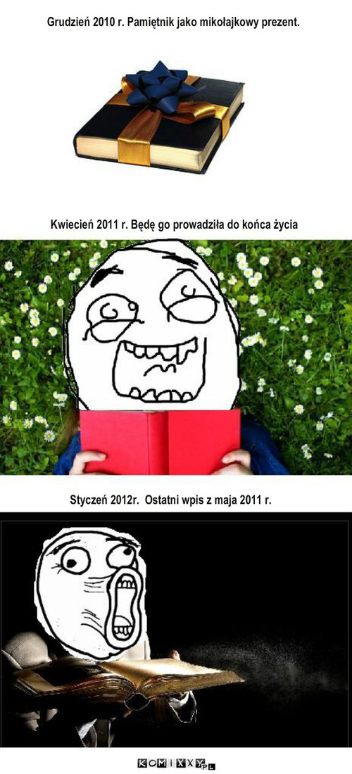 Mocne postanowienie – Grudzień 2010 r. Pamiętnik jako mikołajkowy prezent. Kwiecień 2011 r. Będę go prowadziła do końca życia Styczeń 2012r.  Ostatni wpis z maja 2011 r. 