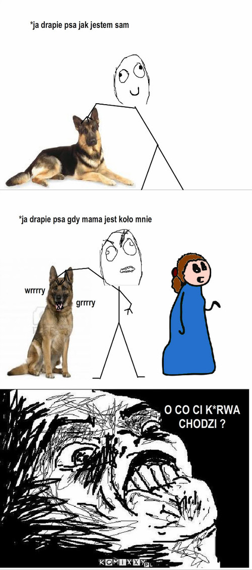 Pies – *ja drapie psa jak jestem sam *ja drapie psa gdy mama jest koło mnie wrrrry grrrry O CO CI K*RWA
CHODZI ? O CO CI K*RWA 
CHODZI ? 