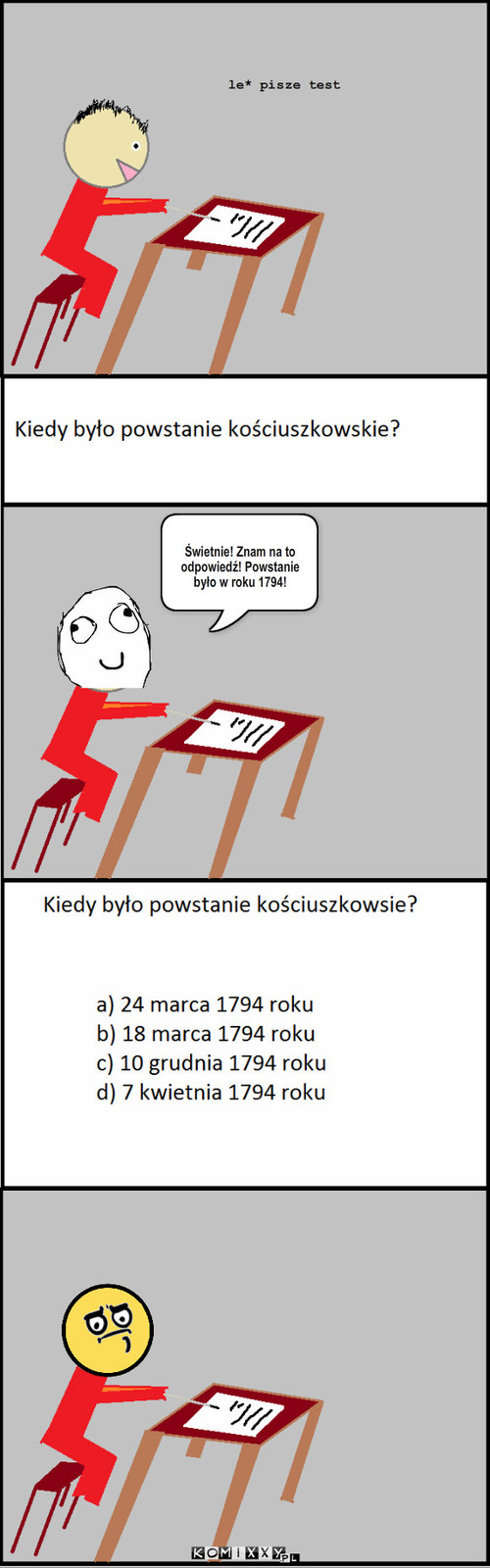 Sprawdzian – le* pisze test Świetnie! Znam na to odpowiedź! Powstanie było w roku 1794! 