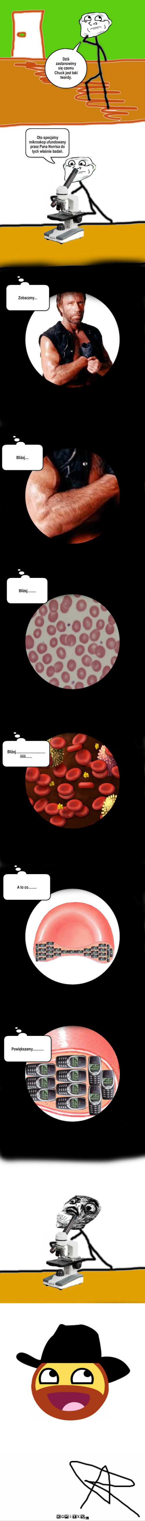 Anatomia Chucka – Dziś zastanowimy się czemu Chuck jest taki twardy. Oto specjalny mikroskop ufundowany przez Pana Norrisa do tych właśnie badań. Zobaczmy... Bliżej.... Bliżej......... Bliżej................................ iiiiii....... A to co......... Powiększamy............ 