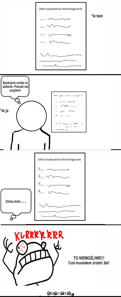 Teste chronologiczny – Spokojnie zrobie to zadanie. Przcież sie uczyłem! Zaraz,zaraz........ *le test *le ja TO NIEMOŻLIWE!!!
Coś musiałem zrobić źle! 