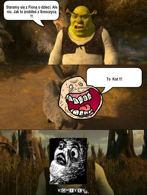 Shrek – To  Kot !!! Staramy się z Fioną o dzieci. Ale nic. Jak to zrobiłeś z Smoczycą ?! 