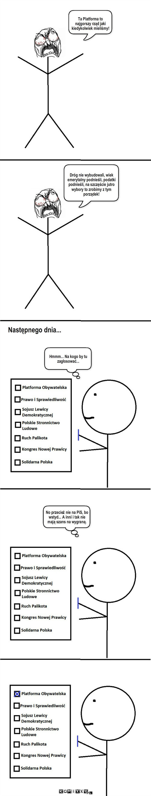 Wybory – Ta Platforma to najgorszy rząd jaki kiedykolwiek mieliśmy! Dróg nie wybudowali, wiek emerytalny podnieśli, podatki podnieśli, na szczęście jutro wybory to zrobimy z tym porządek! Hmmm... Na kogo by tu zagłosować... No przecież nie na PiS, bo wstyd... A inni i tak nie mają szans na wygraną. Następnego dnia... 