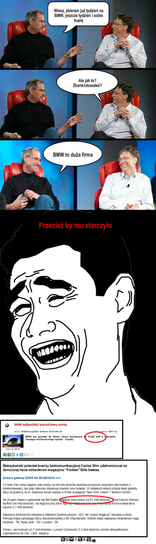 Gates i Jobs i rzut monetą – Wiesz, zbieram już tydzień na BMW, jeszcze tydzień i sobie kupię Ale jak to?
Zbankrutowałeś? BMW to duża firma Przecież by mu starczyło 