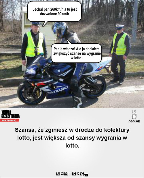 Szansa – Jechał pan 260km/h a tu jest dozwolone 90km/h Panie władzo! Ale ja chcialem zwiększyć szanse na wygranie w lotto. 