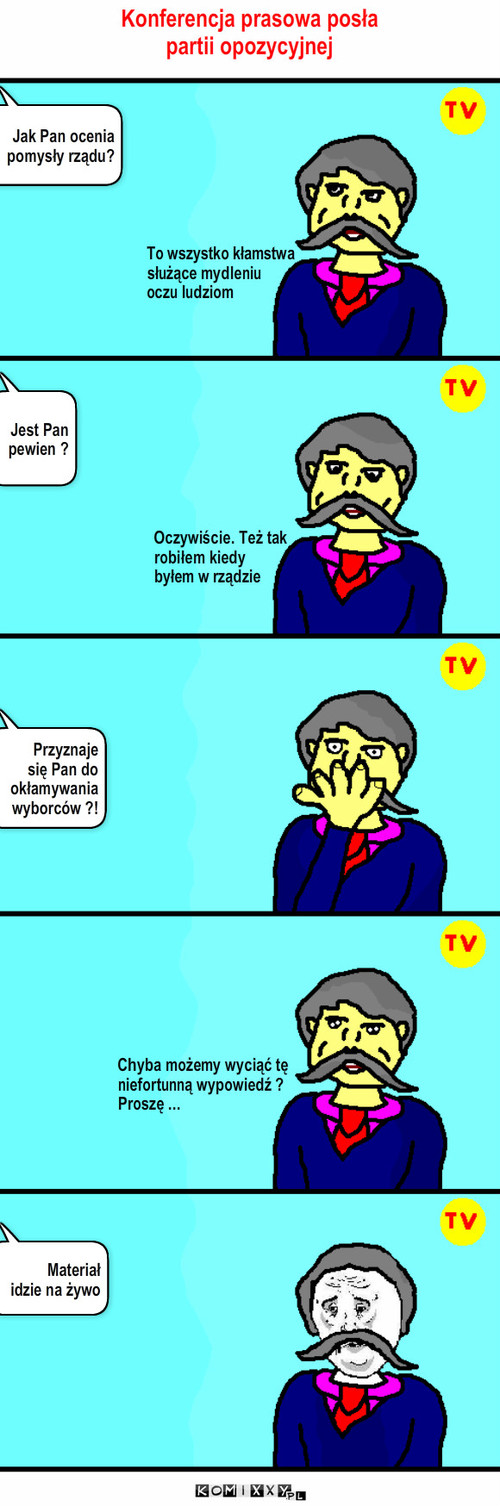 Polityk – Konferencja prasowa posła partii opozycyjnej Jak Pan ocenia pomysły rządu? To wszystko kłamstwa służące mydleniu 
oczu ludziom Jest Pan 
pewien ? Przyznaje 
się Pan do okłamywania wyborców ?! Chyba możemy wyciąć tę niefortunną wypowiedź ?
Proszę ... Oczywiście. Też tak robiłem kiedy 
byłem w rządzie Materiał 
idzie na żywo 