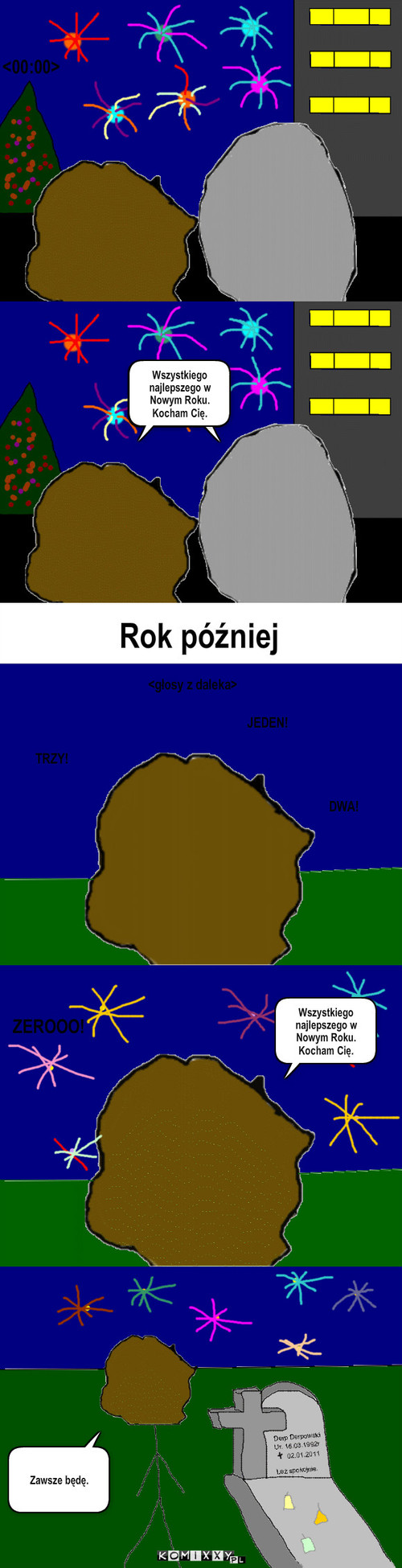 Forever. – <00:00> Rok później <głosy z daleka> TRZY! DWA! JEDEN! ZEROOO! Wszystkiego najlepszego w Nowym Roku. Kocham Cię. Zawsze będę. Wszystkiego najlepszego w Nowym Roku. Kocham Cię. 