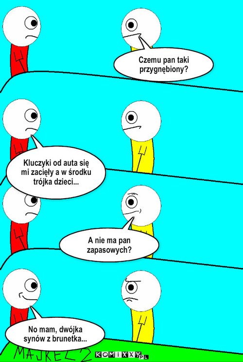 Chyba nie o to chodziło – Czemu pan taki przygnębiony? A nie ma pan zapasowych? Kluczyki od auta się  mi zacięły a w środku trójka dzieci... No mam, dwójka synów z brunetka... 