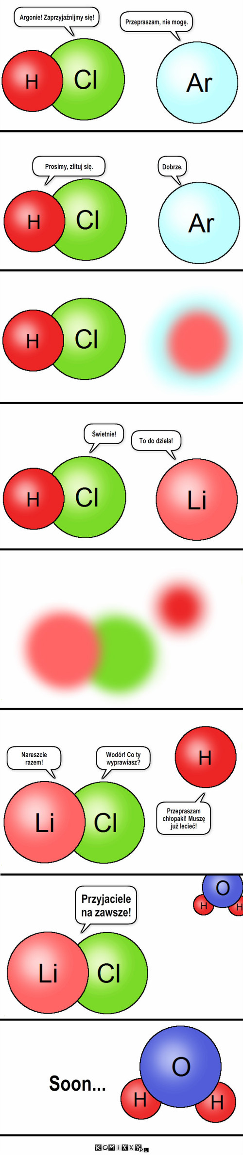 Chemia – Argonie! Zaprzyjaźnijmy się! Przepraszam, nie mogę. Prosimy, zlituj się. Dobrze. Świetnie! To do dzieła! Nareszcie                                         razem! Wodór! Co ty wyprawiasz? Przepraszam chłopaki! Muszę już lecieć! Przyjaciele na zawsze! Soon... 