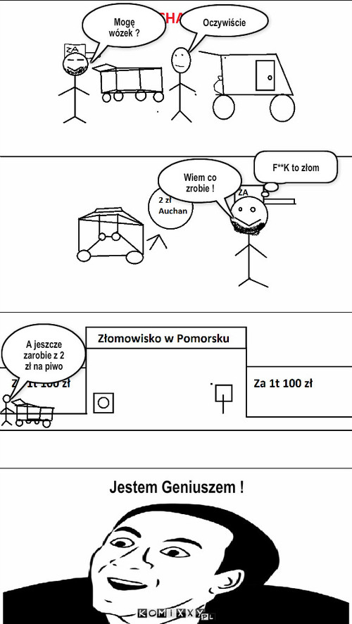 Żul Auchan'a – Oczywiście Mogę wózek ? F**K to złom Wiem co zrobie ! A jeszcze zarobie z 2 zł na piwo Jestem Geniuszem ! 