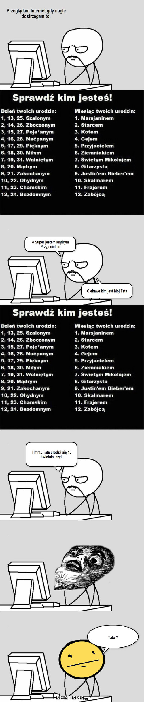 Kim Jestem ? – Przeglądam Internet gdy nagle dostrzegam to: o Super jestem Mądrym Przyjecielem Ciekawe kim jest Mój Tata Hmm.. Tata urodził się 15 kwietnia, czyli Tato ? 