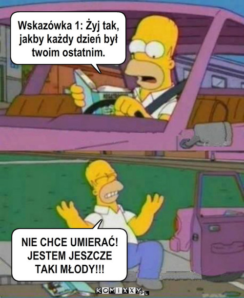 Homer – Wskazówka 1: Żyj tak, jakby każdy dzień był twoim ostatnim. NIE CHCE UMIERAĆ! JESTEM JESZCZE TAKI MŁODY!!! 