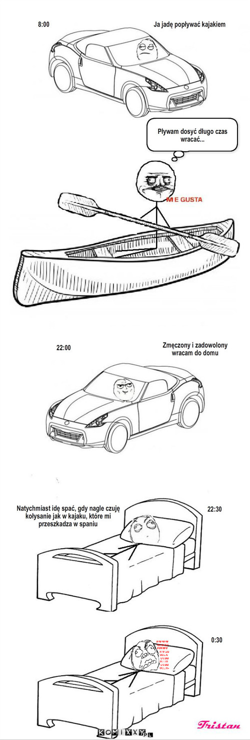 Wyjazd na kajaki – Ja jadę popływać kajakiem 8:00 Pływam dosyć długo czas wracać... 22:00 Zmęczony i zadowolony wracam do domu Natychmiast idę spać, gdy nagle czuję kołysanie jak w kajaku, które mi przeszkadza w spaniu 22:30 0:30 