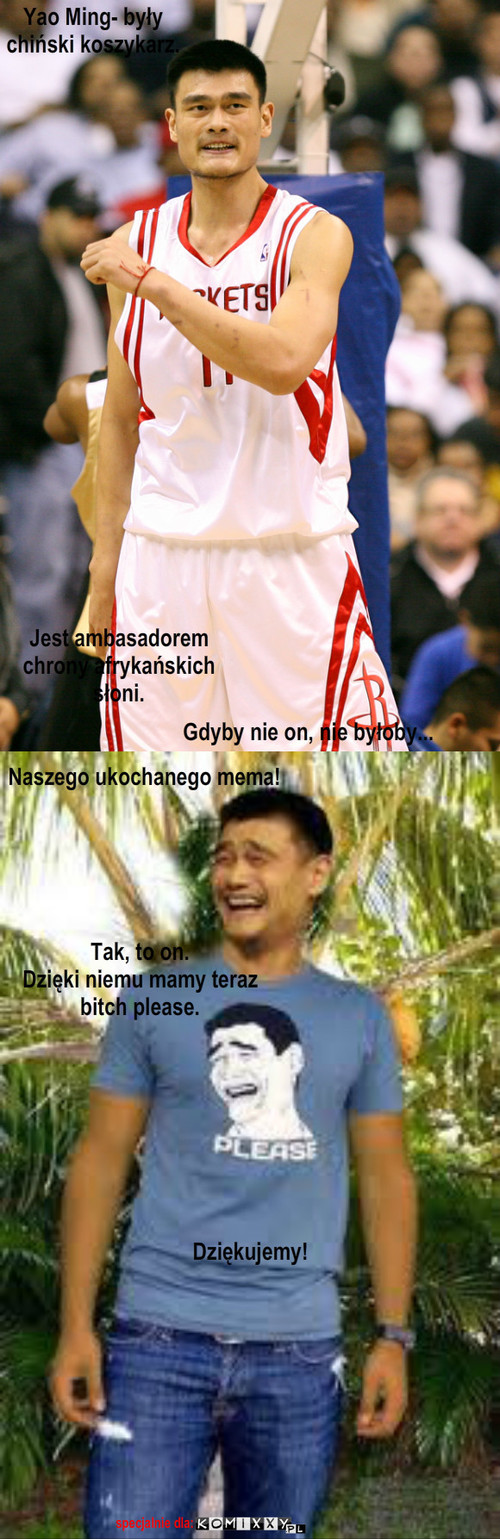 Bitch please. – Yao Ming- były chiński koszykarz. Jest ambasadorem chrony afrykańskich słoni. Gdyby nie on, nie byłoby... Naszego ukochanego mema! Tak, to on.
Dzięki niemu mamy teraz bitch please. Dziękujemy! specjalnie dla: 