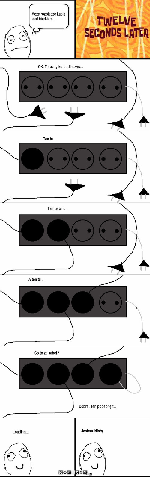 Przedłużacz – Może rozplącze kable pod biurkiem.... OK. Teraz tylko podłączyć... Ten tu... Tamte tam... A ten tu... Co to za kabel? Dobra. Ten podepnę tu. Loading... Jestem idiotą 