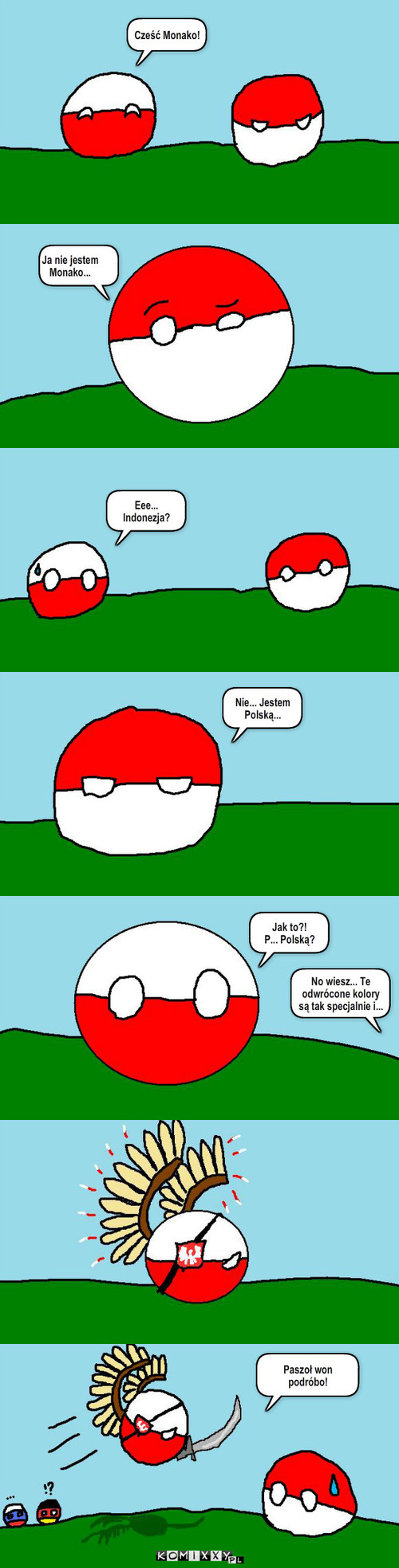 Sprawa Polandballi – Cześć Monako! Ja nie jestem Monako... Eee... Indonezja? Nie... Jestem Polską... Jak to?!
P... Polską? No wiesz... Te odwrócone kolory są tak specjalnie i... Paszoł won podróbo! 