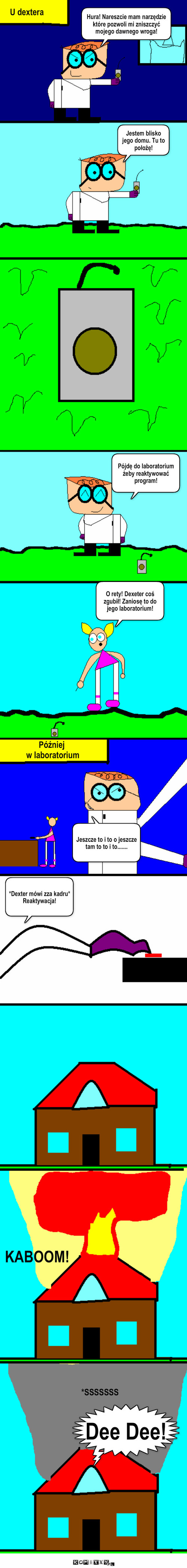 #3.konkurs - Dexter – U dextera Hura! Nareszcie mam narzędzie które pozwoli mi zniszczyć mojego dawnego wroga! Jestem blisko jego domu. Tu to położę! O rety! Dexeter coś zgubił! Zaniosę to do jego laboratorium! Później
 w laboratorium Jeszcze to i to o jeszcze tam to to i to....... *Dexter mówi zza kadru* 
Reaktywacja! KABOOM! *SSSSSSS Dee Dee! Pójdę do laboratorium żeby reaktywować program! 