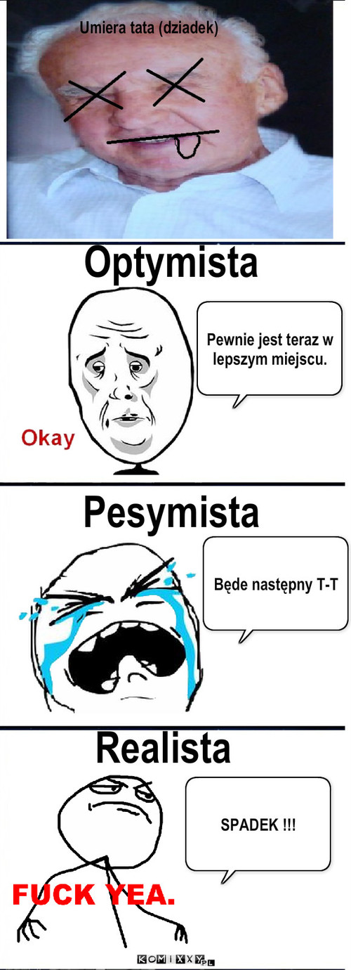 Reakcje – Pesymista Realista Pewnie jest teraz w lepszym miejscu. Optymista Będe następny T-T SPADEK !!! Umiera tata (dziadek) 