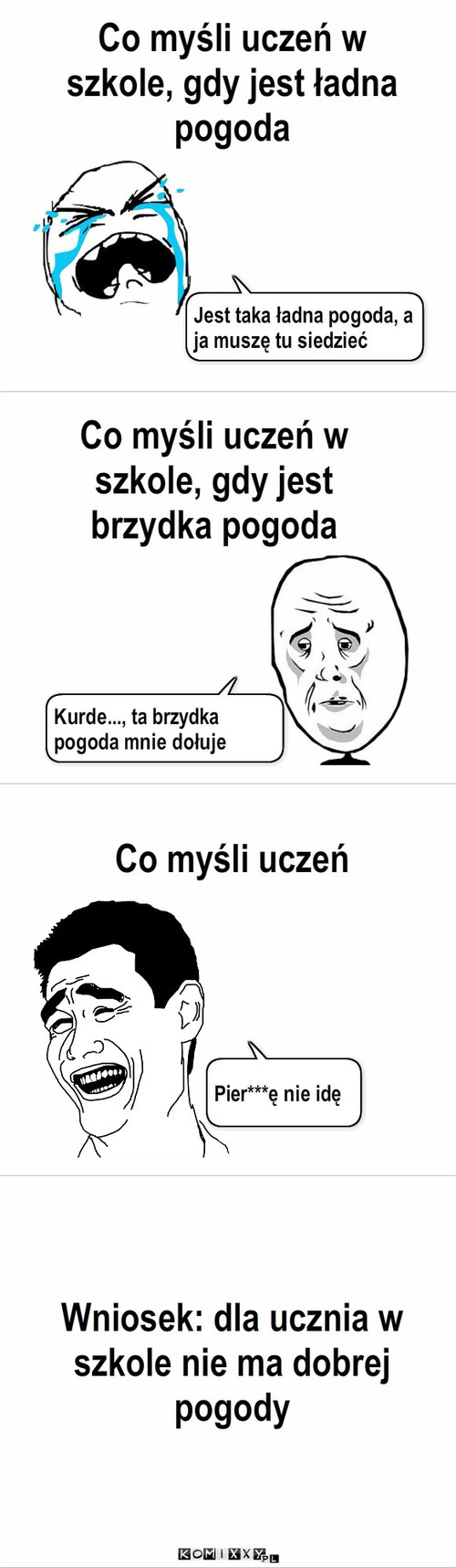 Pogoda – Co myśli uczeń w szkole, gdy jest ładna pogoda Jest taka ładna pogoda, a ja muszę tu siedzieć Co myśli uczeń w szkole, gdy jest brzydka pogoda Kurde..., ta brzydka pogoda mnie dołuje Pier***ę nie idę Wniosek: dla ucznia w szkole nie ma dobrej pogody Co myśli uczeń 