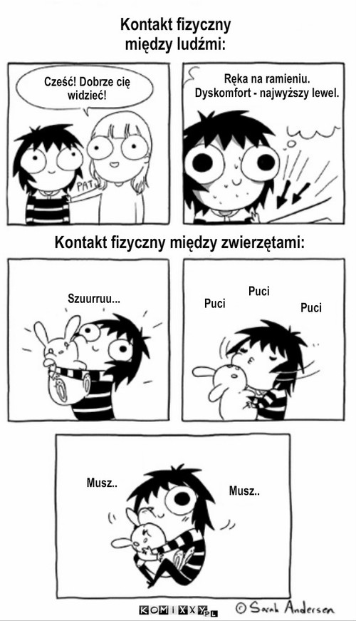 Roznica kontaktu fizycznego – Cześć! Dobrze cię
widzieć! Ręka na ramieniu.
Dyskomfort - najwyższy lewel. Puci Puci Puci Szuurruu... Musz.. Musz.. Kontakt fizyczny między ludźmi: Kontakt fizyczny między zwierzętami: 