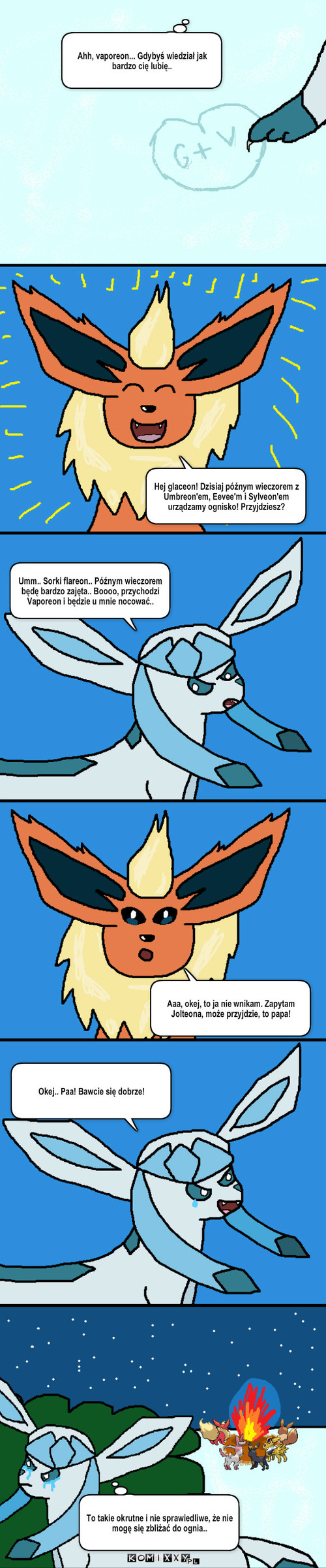 Problem Glaceon'a – Hej glaceon! Dzisiaj późnym wieczorem z  Umbreon'em, Eevee'm i Sylveon'em urządzamy ognisko! Przyjdziesz? Umm.. Sorki flareon.. Późnym wieczorem będę bardzo zajęta.. Boooo, przychodzi Vaporeon i będzie u mnie nocować.. Aaa, okej, to ja nie wnikam. Zapytam Jolteona, może przyjdzie, to papa! Okej.. Paa! Bawcie się dobrze! Ahh, vaporeon... Gdybyś wiedział jak bardzo cię lubię.. To takie okrutne i nie sprawiedliwe, że nie mogę się zbliżać do ognia.. 