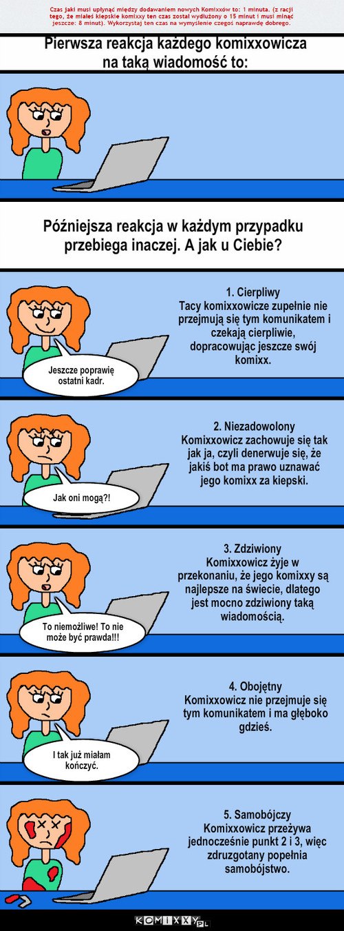 Reakcje są różne... A Ty jak reagujesz? – Pierwsza reakcja każdego komixxowicza na taką wiadomość to: Późniejsza reakcja w każdym przypadku przebiega inaczej. A jak u Ciebie? 1. Cierpliwy
Tacy komixxowicze zupełnie nie przejmują się tym komunikatem i czekają cierpliwie, dopracowując jeszcze swój komixx. 2. Niezadowolony
Komixxowicz zachowuje się tak jak ja, czyli denerwuje się, że jakiś bot ma prawo uznawać jego komixx za kiepski. 3. Zdziwiony
Komixxowicz żyje w przekonaniu, że jego komixxy są najlepsze na świecie, dlatego jest mocno zdziwiony taką wiadomością. 4. Obojętny
Komixxowicz nie przejmuje się tym komunikatem i ma głęboko gdzieś. 5. Samobójczy
Komixxowicz przeżywa jednocześnie punkt 2 i 3, więc zdruzgotany popełnia samobójstwo. I tak już miałam kończyć. Jeszcze poprawię ostatni kadr. Jak oni mogą?! To niemożliwe! To nie może być prawda!!! 