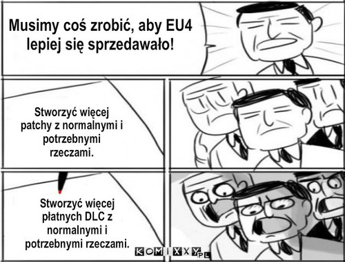 Logika Paradoksu – Musimy coś zrobić, aby EU4 lepiej się sprzedawało! Stworzyć więcej patchy z normalnymi i potrzebnymi rzeczami. Stworzyć więcej płatnych DLC z normalnymi i potrzebnymi rzeczami. 