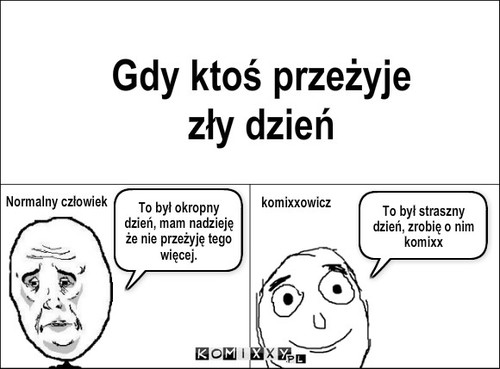 Zły dzień – Gdy ktoś przeżyje zły dzień Normalny człowiek komixxowicz To był okropny dzień, mam nadzieję że nie przeżyję tego więcej. To był straszny dzień, zrobię o nim komixx 